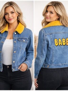 Samantha Sipos Denim Jacket Faux Shearling Collar BABE Patch Back Size 2XL